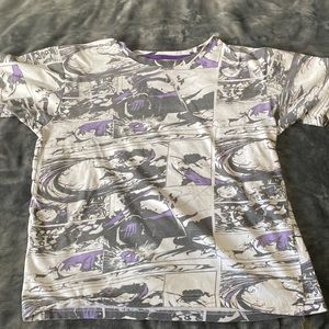 purple black and white anime shirt